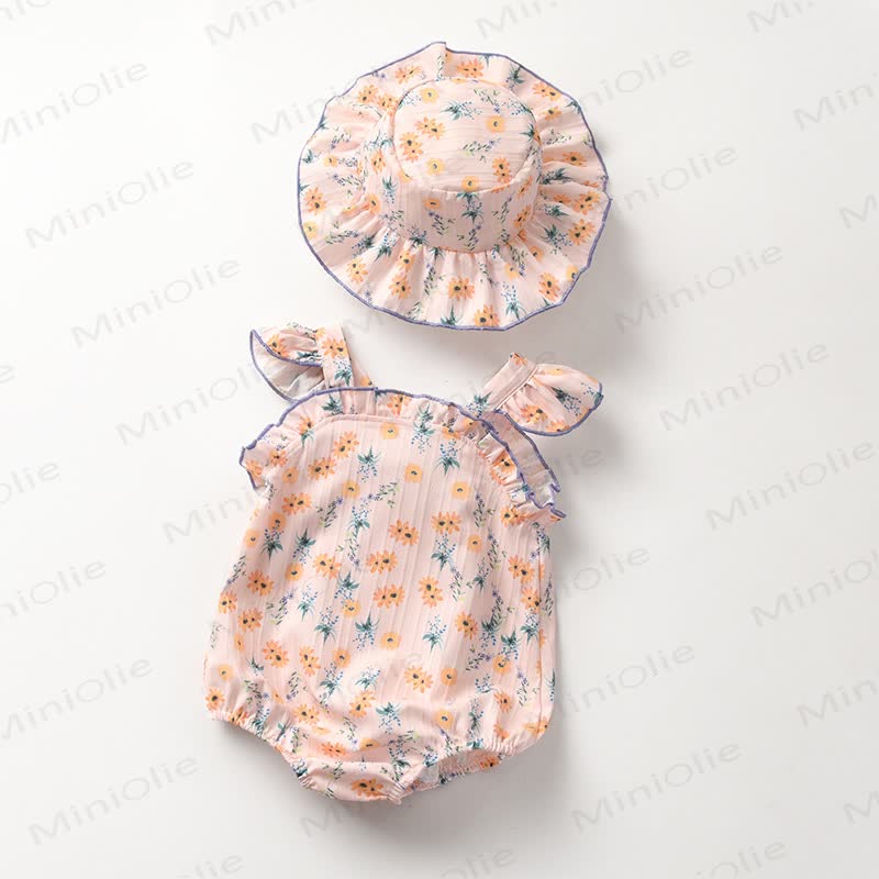 Baby  Floral Ruffled Bodysuit with Sunhat - Pink - 18-24M - image 1