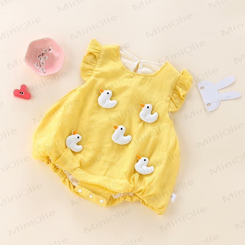 Baby Flutter Sleeve Mushroom/Duck/Bunny Bodysuit - Yellow Duck - 18-24M - image 4
