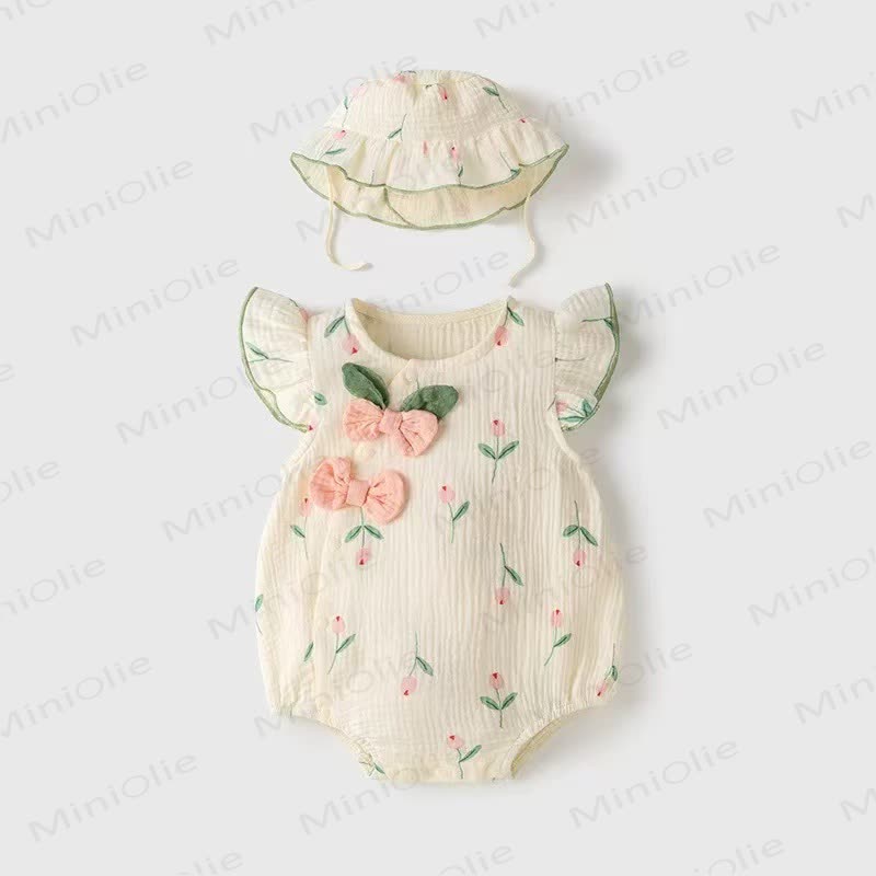 Baby Tulip Muslin Cotton Bodysuit with Hat - Beige - 59 - image 1