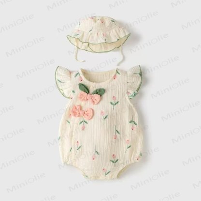 Baby Tulip Muslin Cotton Bodysuit with Hat - Beige - 59 - image 1