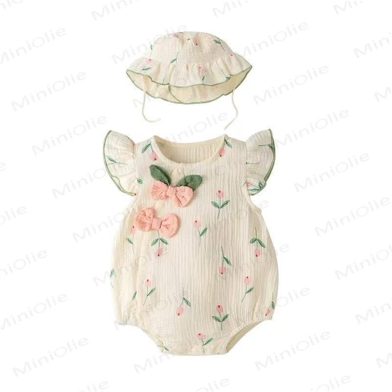 Baby Tulip Muslin Cotton Bodysuit with Hat - image 4