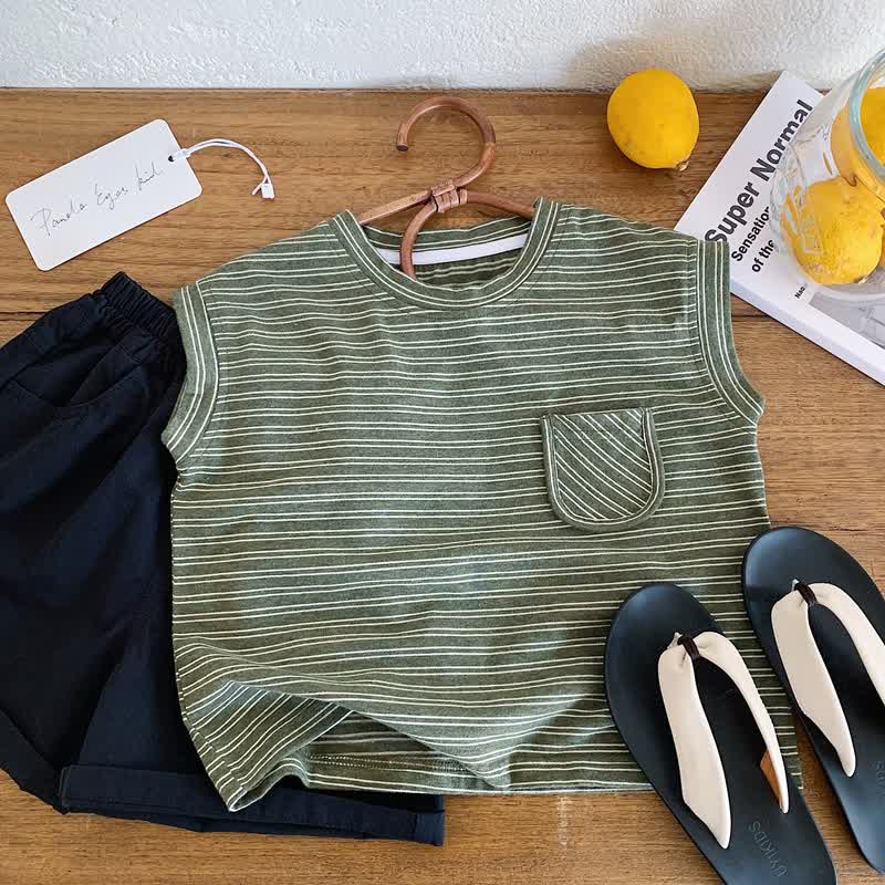 Toddler Boy Striped Pocket Tank Top - Green - 6-7T - image 3
