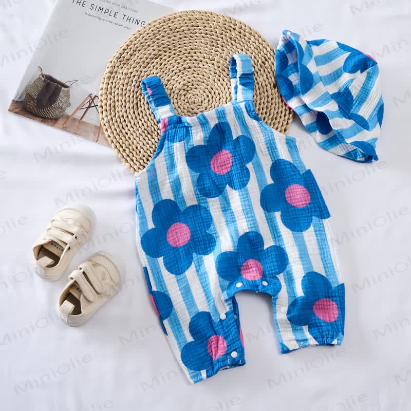 Baby Blue Flower Striped Romper with Hat - image 2