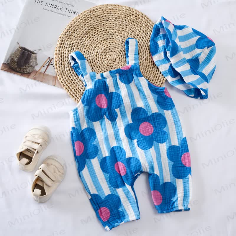 Baby Blue Flower Striped Romper with Hat - image 3