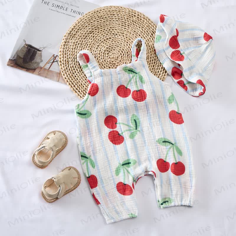 Baby Cherry Fullprint Blue Striped Romper With Hat - image 3
