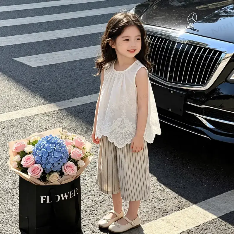 Toddler Girls Lace Floral Tank Top and Striped Pants Set - image 1