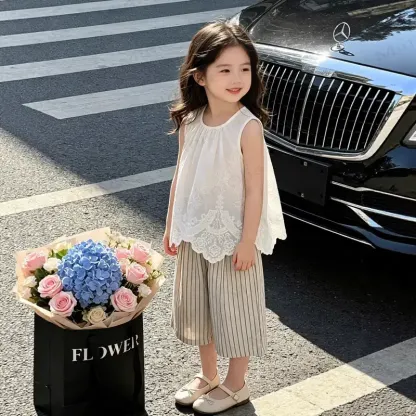 Toddler Girls Lace Floral Tank Top and Striped Pants Set - image 1