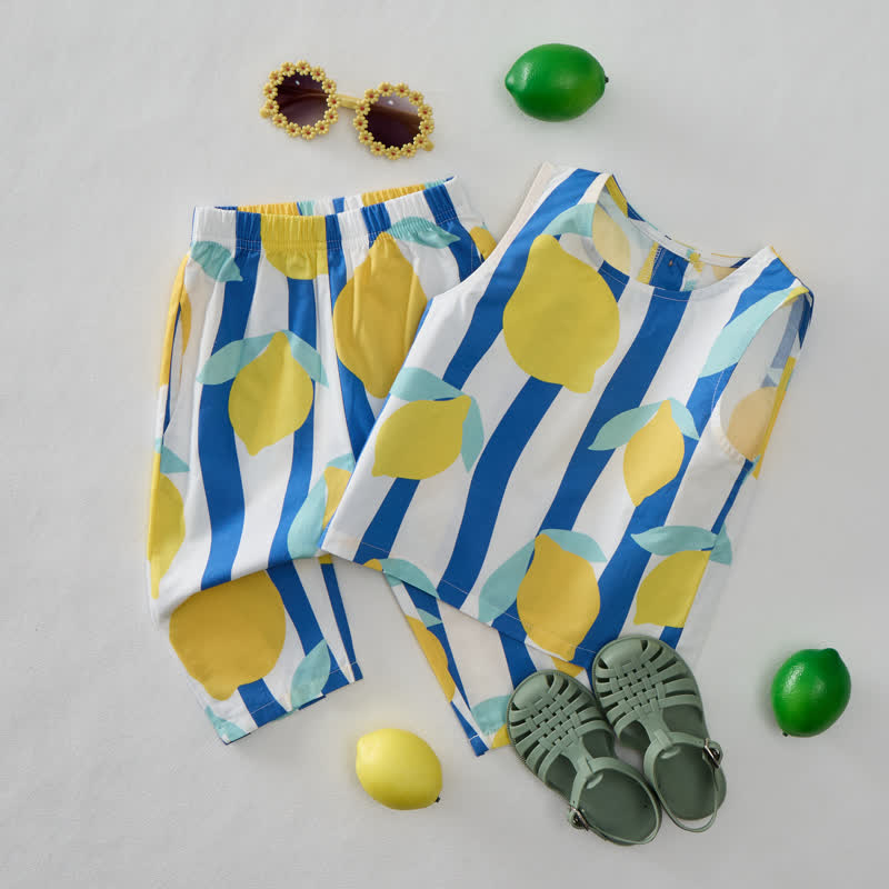 Baby Blue Vertical Striped Lemon 2-Piece Sleeveless Set - image 2