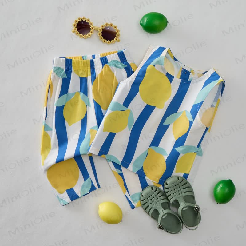 Baby Blue Vertical Striped Lemon 2-Piece Sleeveless Set - image 2