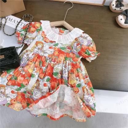 Toddler Girls Cotton Orange Print Puff Sleeves Dress - image 2