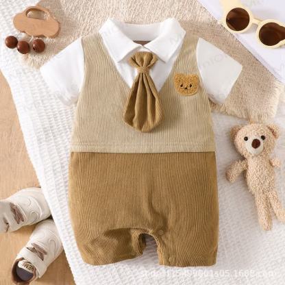 Baby Boy Bear Tie Romper - Beige - 12-18M