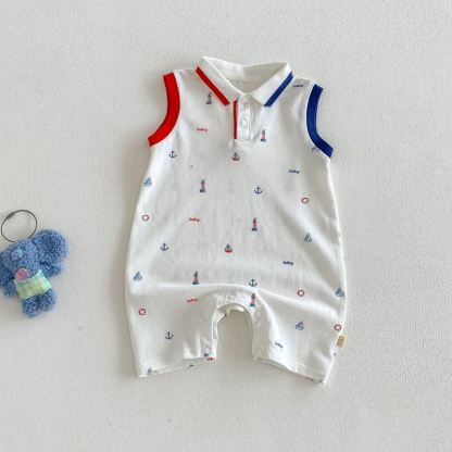 Baby Boy Print Polo Collar Sleeveless Romper - White - 18-24M - image 4