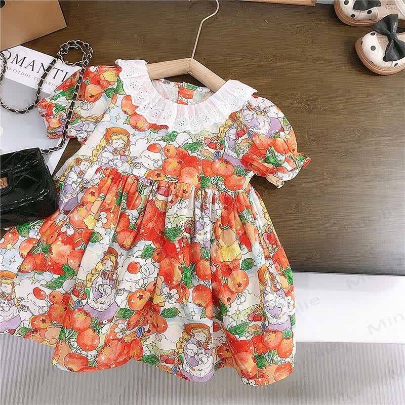Toddler Girls Cotton Orange Print Puff Sleeves Dress - Orange - 8-9T - image 1