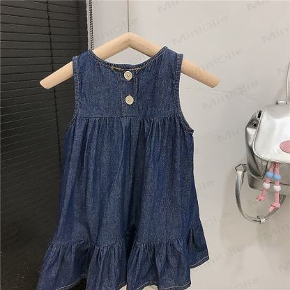 Toddler Girls Cotton Denim Butterfly Print Sleeveless Dress - image 3