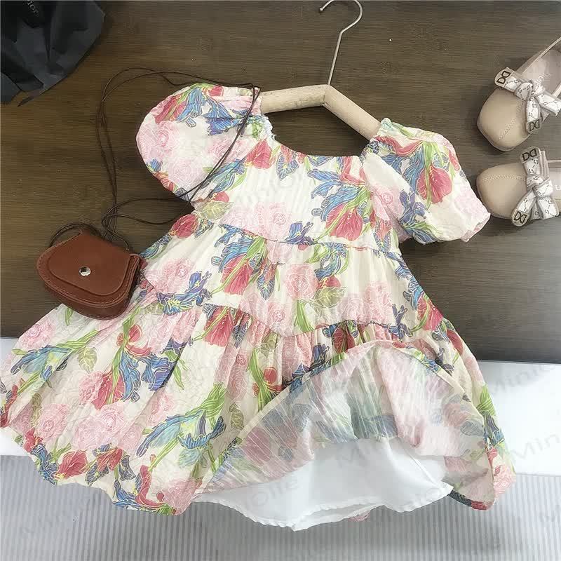 Toddler Girls Cotton Floral Print Puff Sleeves Dress - image 2