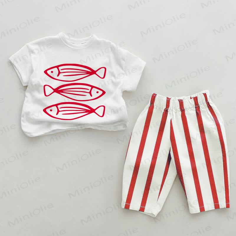 Baby Three Fishes Red Vertical Striped 2-piece Set - White&Red - 2-3T - image 1