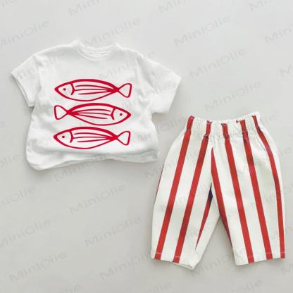 Baby Three Fishes Red Vertical Striped 2-piece Set - White&Red - 2-3T - image 1