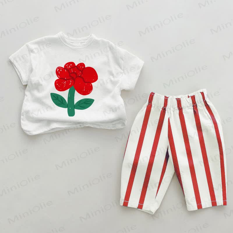 Baby Girl Flower Red Vertical Striped 2-piece Set - White&Red - 2-3T - image 1