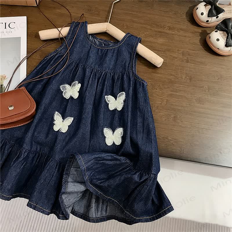 Toddler Girls Cotton Denim Butterfly Print Sleeveless Dress - Navy - 8-9T - image 1