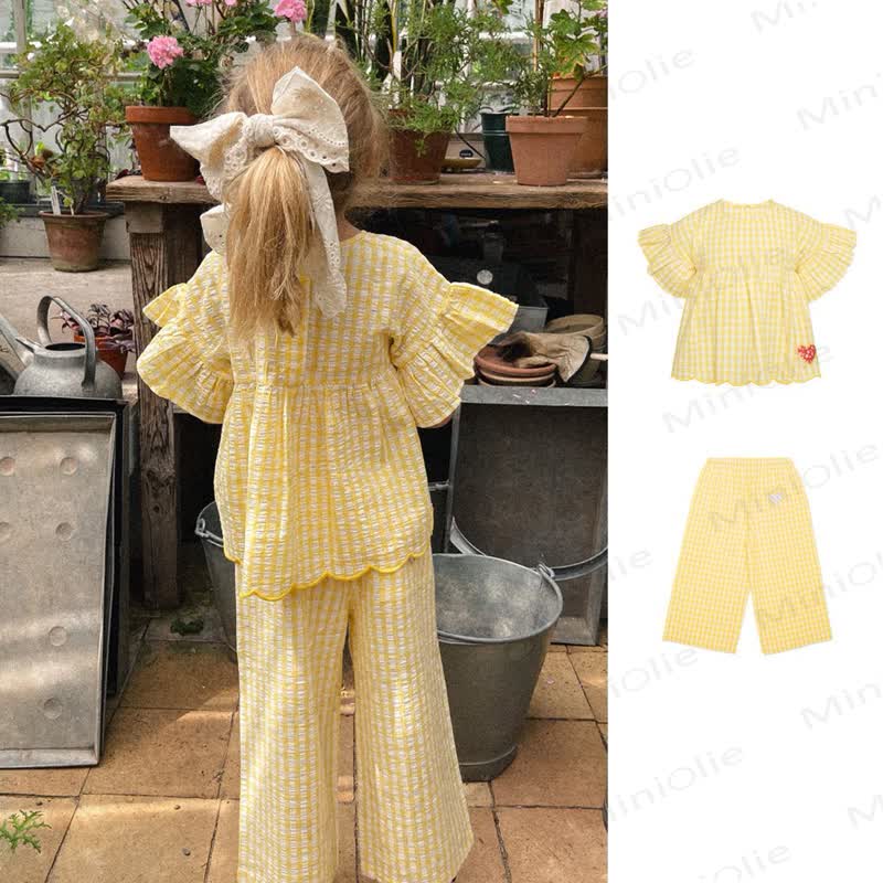 Toddler Girls Yellow Cotton Plaid Heart Print Top or Pants - image 1