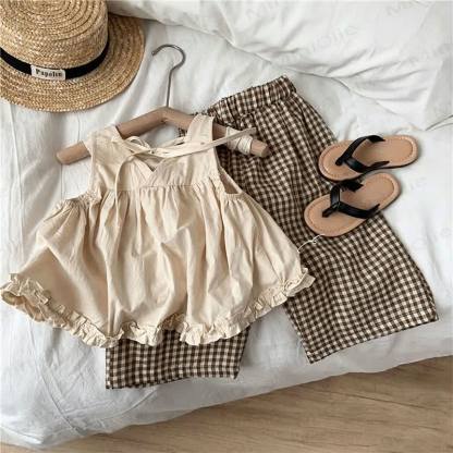Toddler Kid Girls Cotton Ruffle Tank Top and Plaid Pants Set - Beige Top and Pants - 10-11T - image 2