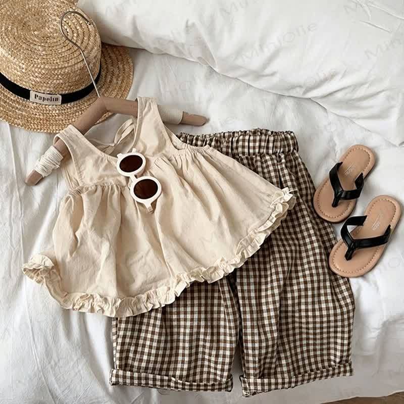 Toddler Kid Girls Cotton Ruffle Tank Top and Plaid Pants Set - image 1