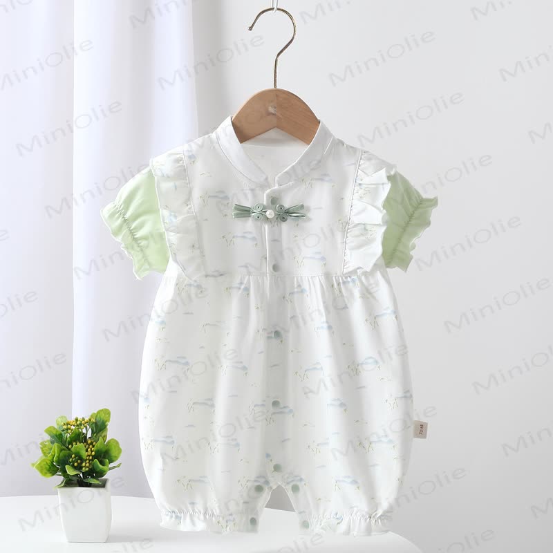 Baby Girl Chinese-style Frog Button Ruffle Romper - Green - 18-24M - image 3