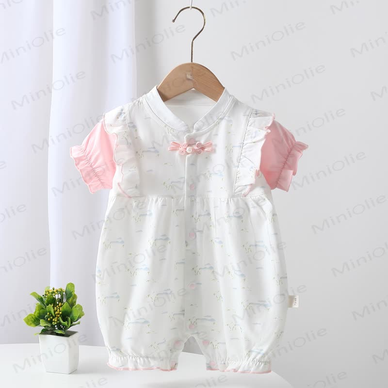 Baby Girl Chinese-style Frog Button Ruffle Romper - Pink - 18-24M - image 1