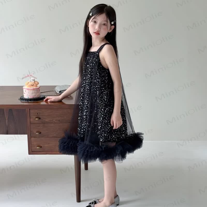 Toddler Kid Girls Black Sequin Tulle Polka Dot Sleeveless Dress - Black - 12-13T - image 1