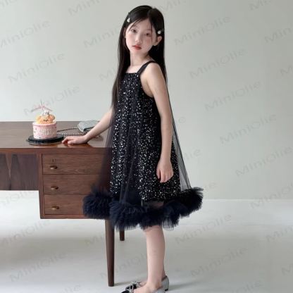 Toddler Kid Girls Black Sequin Tulle Polka Dot Sleeveless Dress - Black - 12-13T - image 1