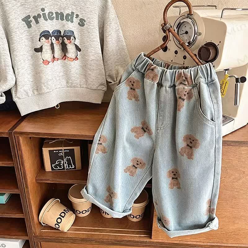 Toddler Animal Print Washed Denim Pants - Blue Bear - 8-9T - image 1
