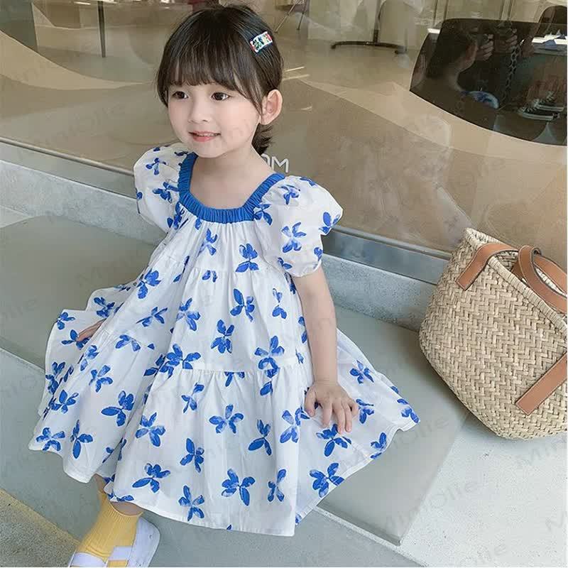 Toddler Girls Blue Floral Cotton Puff Sleeves Dress - White - 6-7T - image 1