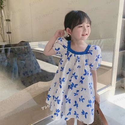 Toddler Girls Blue Floral Cotton Puff Sleeves Dress - image 2