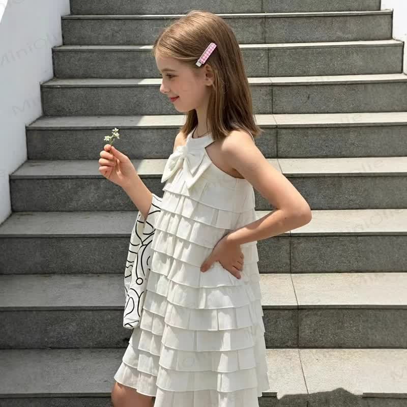 Toddler Girls Bow Ruffle Solid White Sleeveless Dress - White - 8-9T - image 1
