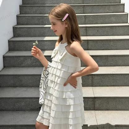 Toddler Girls Bow Ruffle Solid White Sleeveless Dress - White - 8-9T - image 1