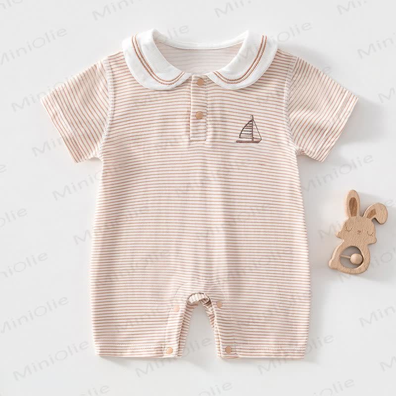 LOVE YOU BABY Baby Sailboat Sailor Collar Striped Romper - Beige - 18-24M - image 2