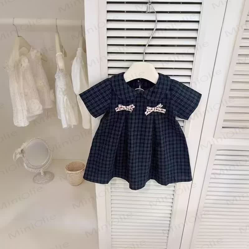 Toddler Girls Cotton Navy Plaid Bow Dress - Navy - 6-7T - image 1