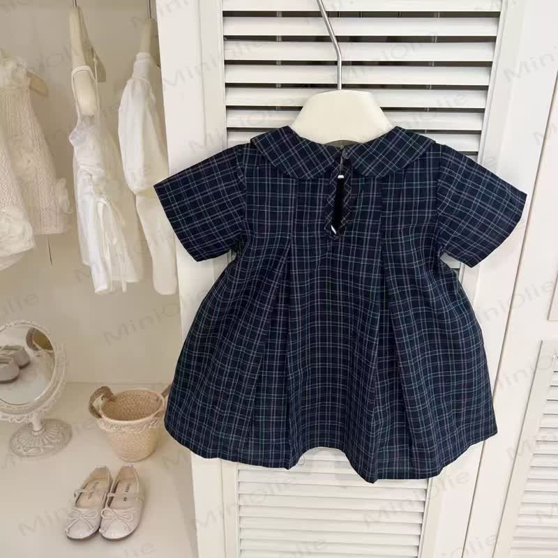 Toddler Girls Cotton Navy Plaid Bow Dress - image 2