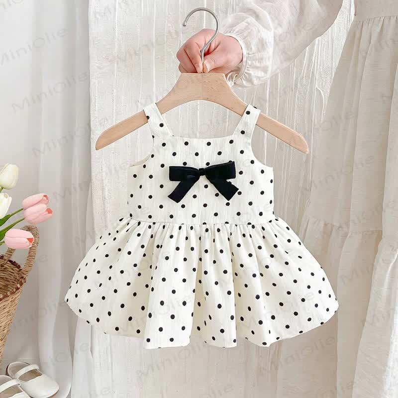Toddler Girls Cotton Polka Dot Bow Sleeveless Dress - White - 6-7T - image 2