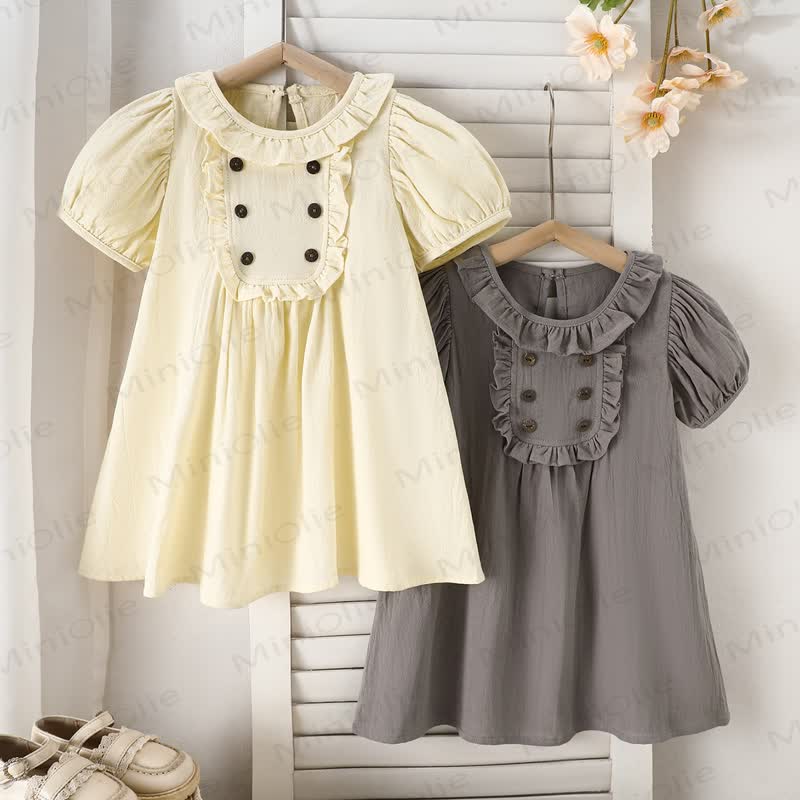 Toddler Girls Cotton Ruffle Collar Puff Sleeve Solid Color Dress - image 1