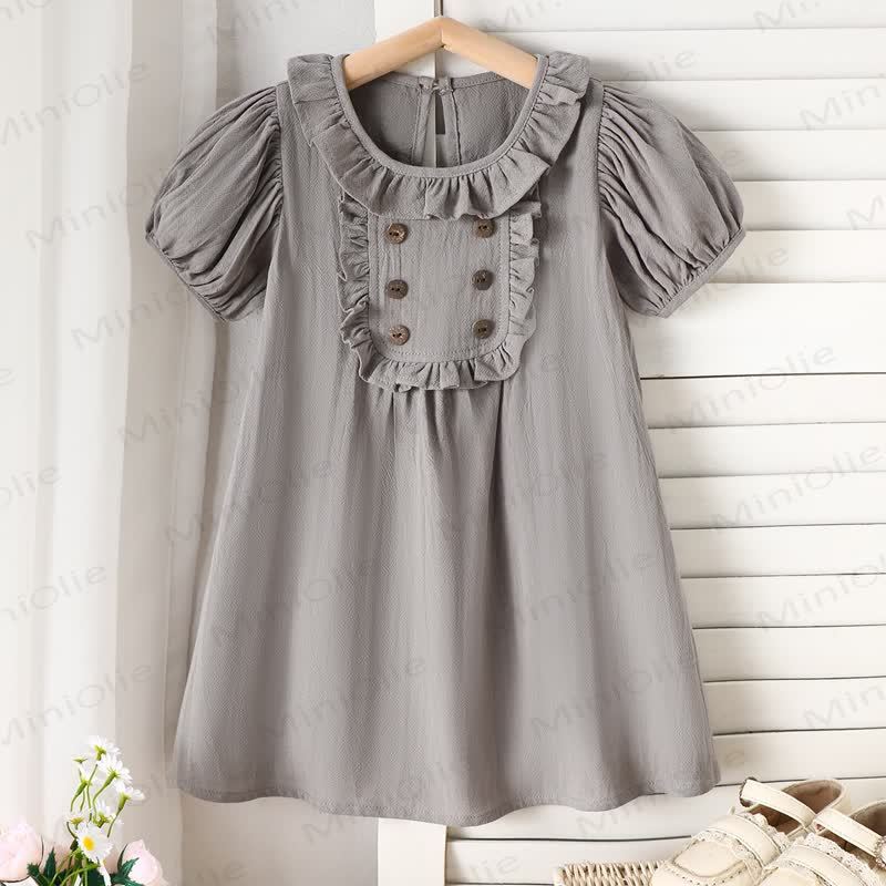 Toddler Girls Cotton Ruffle Collar Puff Sleeve Solid Color Dress - Grey - 6-7T - image 2