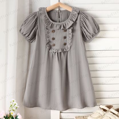 Toddler Girls Cotton Ruffle Collar Puff Sleeve Solid Color Dress - Grey - 6-7T - image 2
