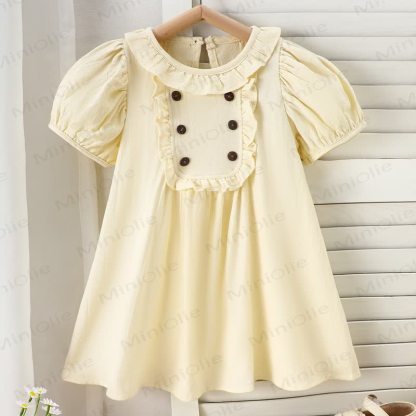 Toddler Girls Cotton Ruffle Collar Puff Sleeve Solid Color Dress - Beige - 6-7T - image 3