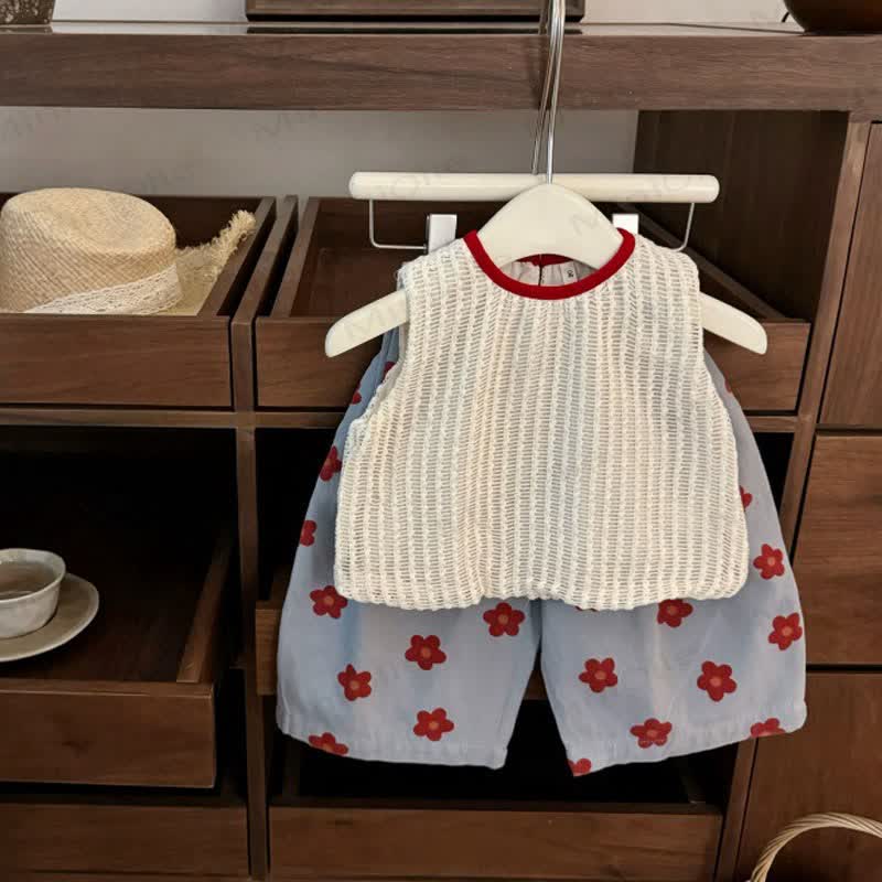 Toddler Girls Crochet Knit Floral Vest and Pants Set - Top and Shorts Set - 6-7T - image 1