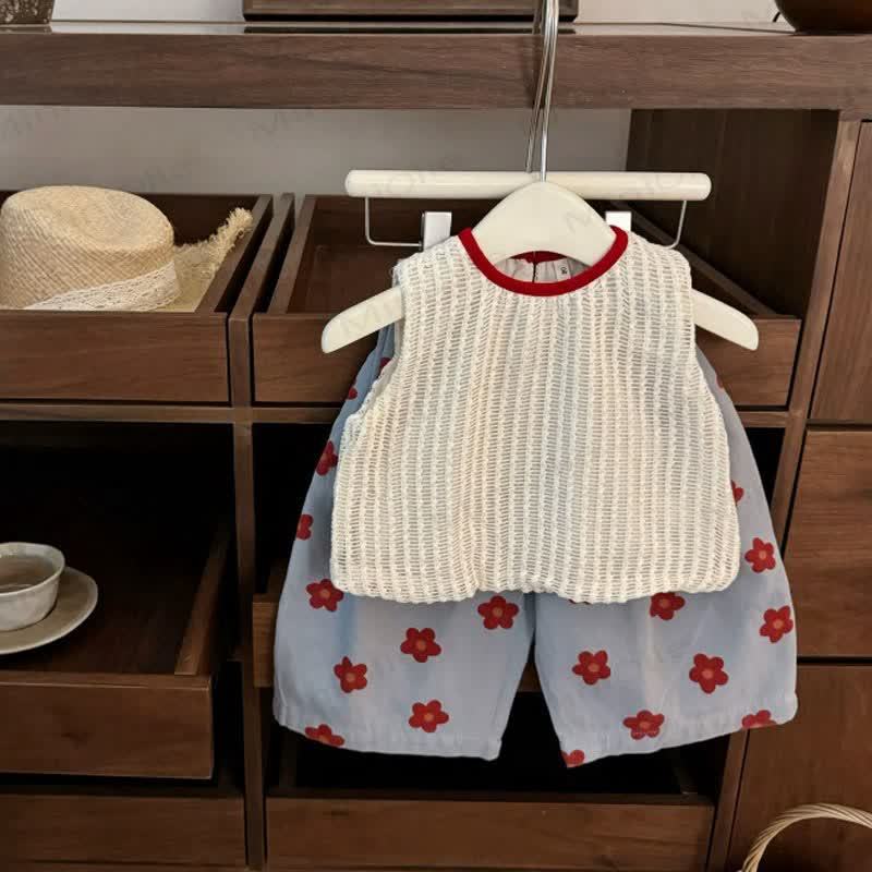 Toddler Girls Crochet Knit Floral Vest and Pants Set - Top and Shorts Set - 6-7T - image 1