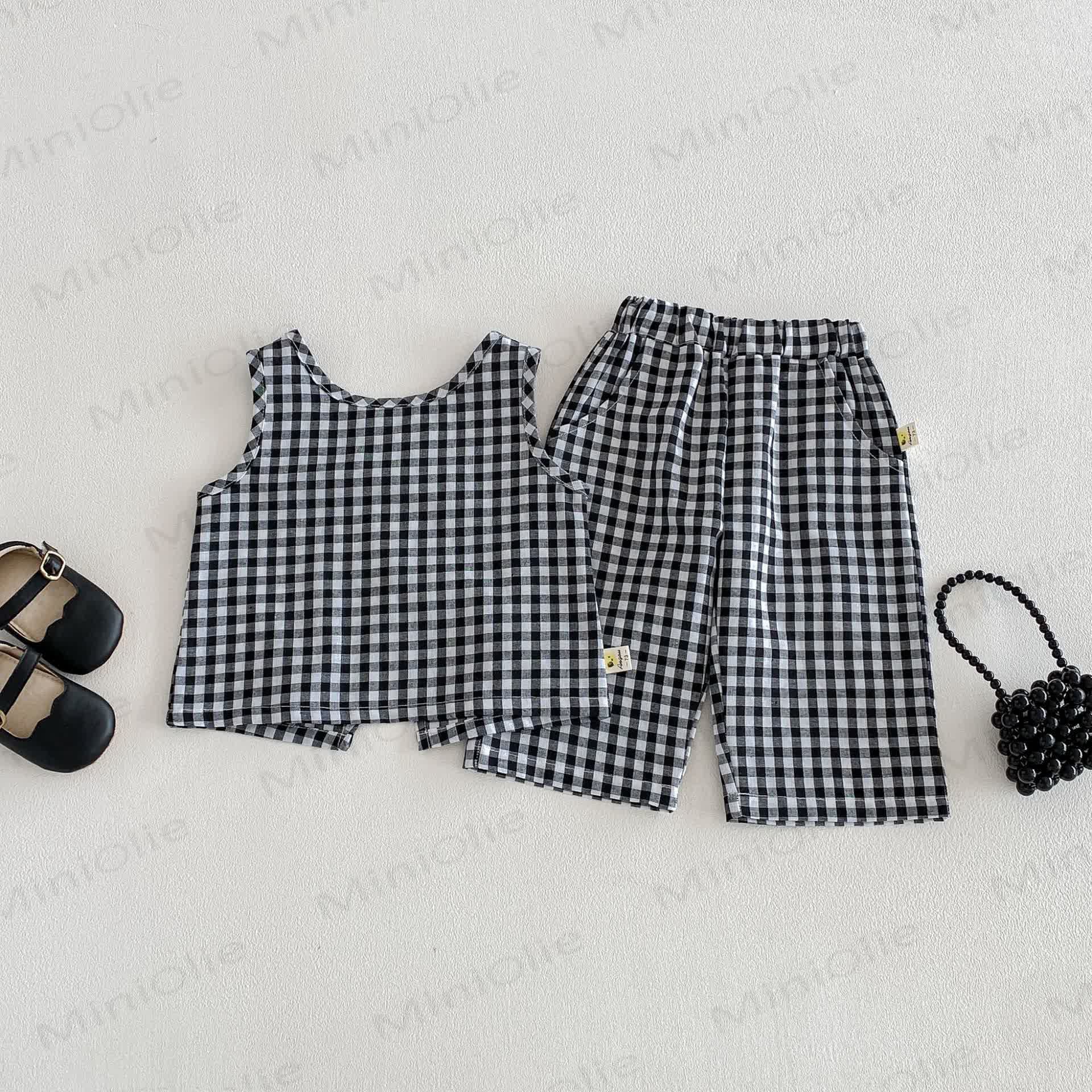 Baby Girls Cotton Gingham Tank Top and Pants 2- Piece Set - image 1