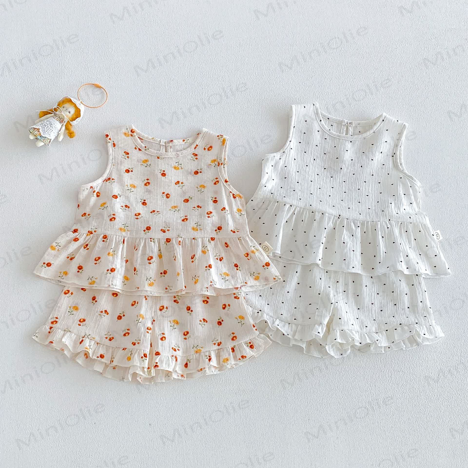 Baby Ruffle Cotton Floral or Heart Print Tank Top and Shorts Set - image 1