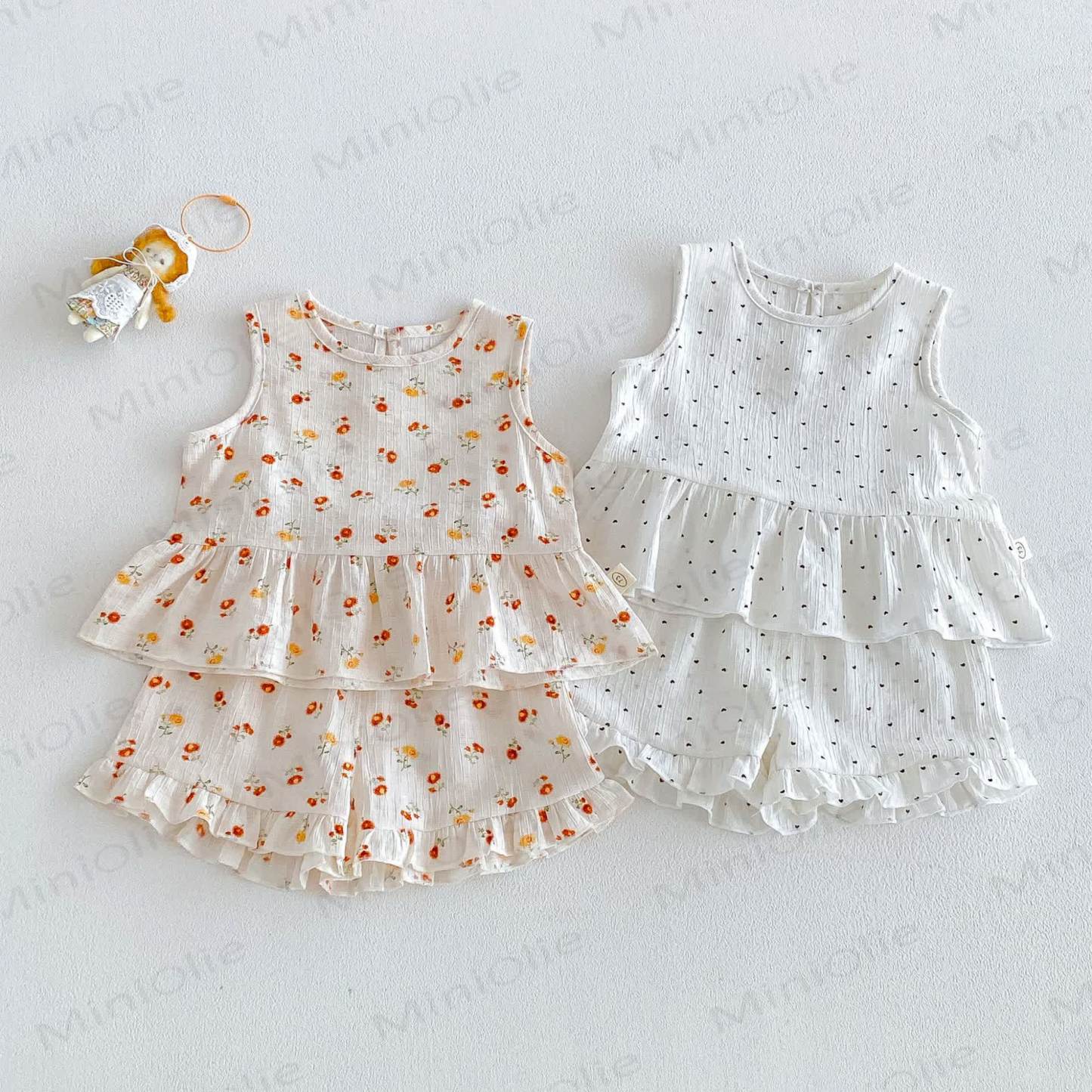 Baby Ruffle Cotton Floral or Heart Print Tank Top and Shorts Set - image 1