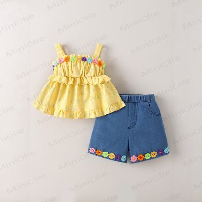 Toddler Girls Floral Ruffle Tank Top and Denim Shorts Set - Yellow - 8-9T - image 1