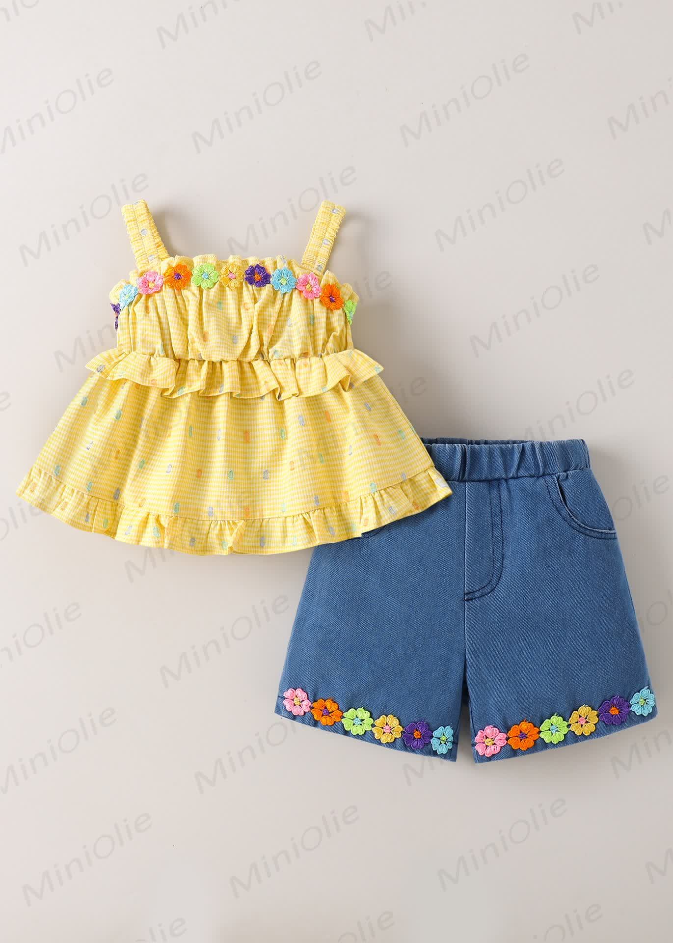 Toddler Girls Floral Ruffle Tank Top and Denim Shorts Set - image 2